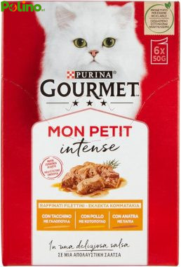 GOURMET Mon Petit Intense Cibo Umido per Gatti Adulti Filettini in salsa con Anatra, Pollo e Tacchino 6 Buste da 50g